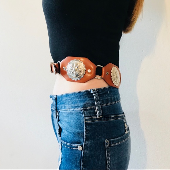 VINTAGE SOUTH WESTERN LEATHER HIGH WAIST BELT SILV - Picture 2 of 7